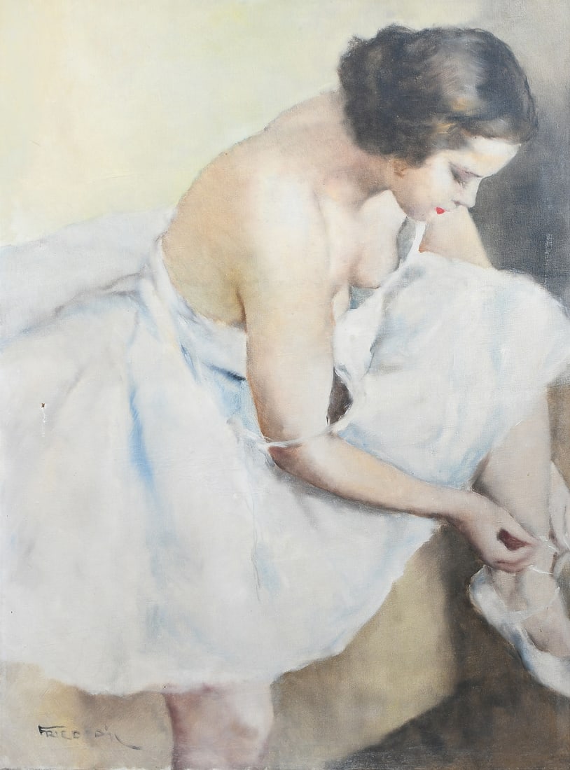 PAL FRIED BALLERINA PAINTING: FRIED, Pal, (American/Hungarian, 1893-1976): Brunette Ballerina Tying her Slippers, Oil/Canvas, 32" x 23.5", signed lower right, painted gesso frame, 36" x 28.5".