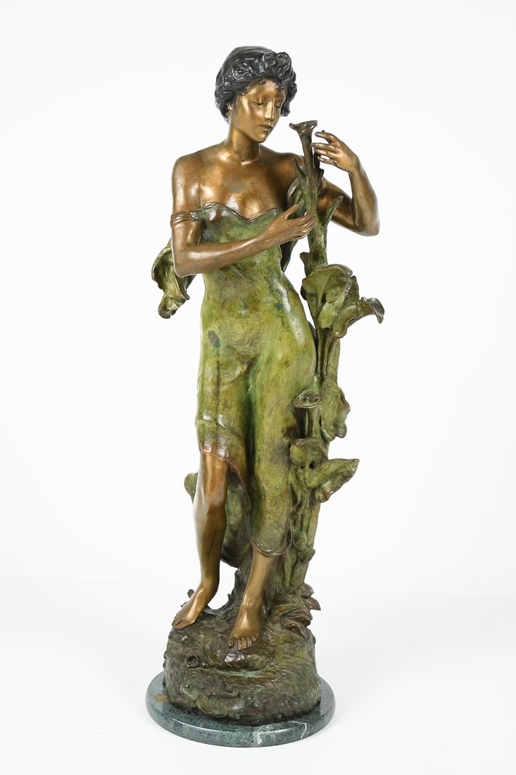 PATINATED BRONZE SCULPTURE OF NOVEAU MAIDEN: PATINATED BRONZE SCULPTURE OF NOVEAU MAIDEN: After Moreau, 34" in height with marble plinth, signed on the base.