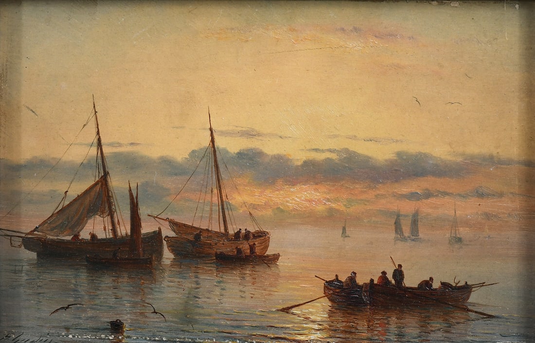GUDIN HARBOR SCENE WITH FISHING BOATS PAINTING: GUDIN, Herminie, (French, 1825-1876): Harbor Scene at Sunrise with Fishing Boats, Oil/Wood Panel, 5.5" x 8.25", signed lower left, framed, 9.25" x 12".