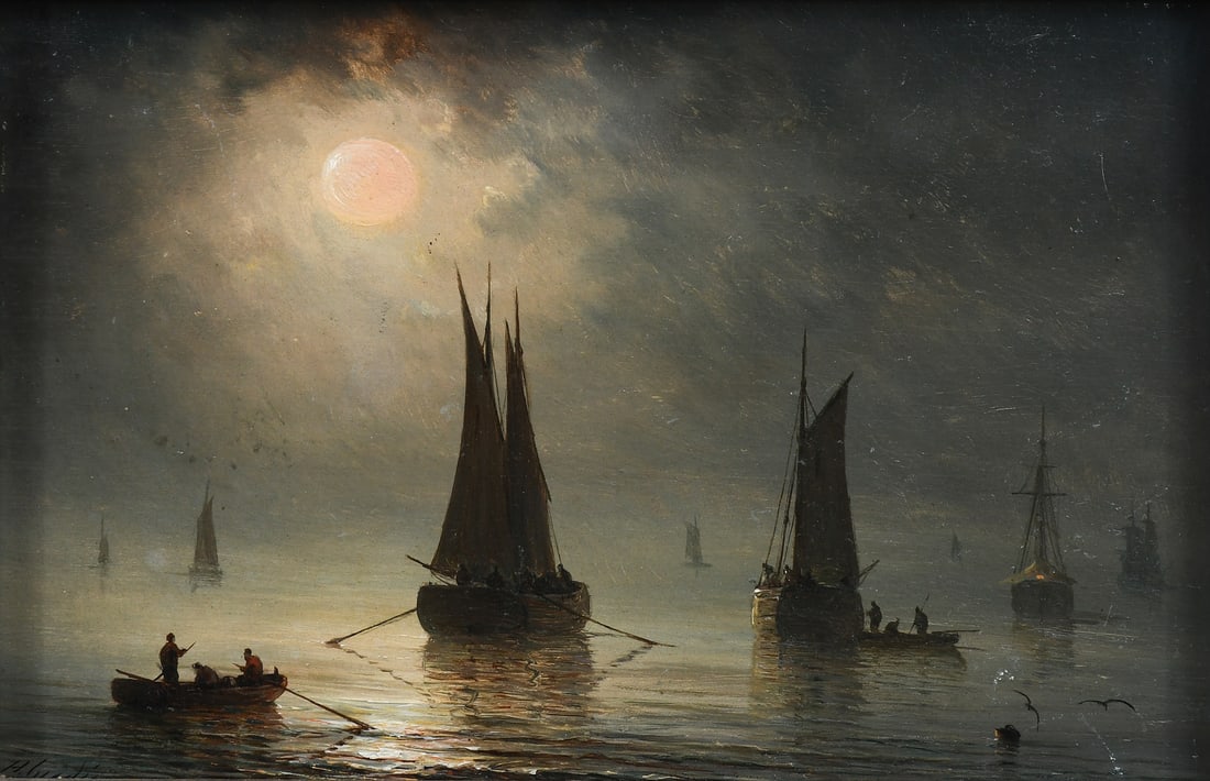 GUDIN MOONLIT HARBOR PAINTING: GUDIN, Herminie, (French, 1825-1876): Moonlit Harbor Scene with Fishing Boats and Dories, Oil/Wood Panel, 5.5" x 8.25", signed lower left, framed, 9.25" x 12".
