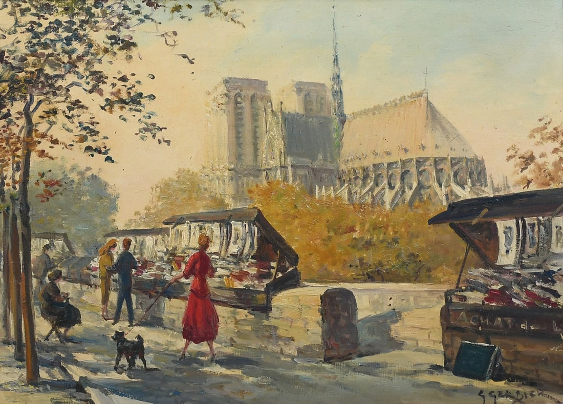 GEORGES GERBIER FRENCH MARKET WITH NOTRE DAME PTG: GERBIER, Georges, (French, 1906-1983): Market Scene on the Seine with Notre Dame in the Distance, Oil/Canvas, 13" x 18", signed lower right, framed, 18" x 23".
