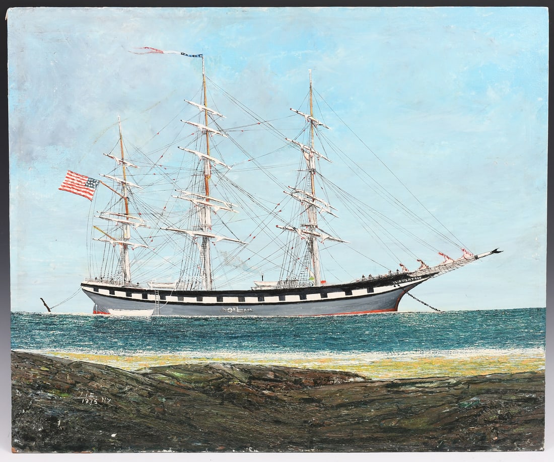ROBERT LIE WAVERTREE SAILBOAT PORTRAIT PAINTING: LIE, Robert Edmund, (American/Norwegian, 1899-1980): Weavertree Boat Portrait, Oil/Canvasboard, 20" x 24", signed lower left, dated 1975, inscribed verso and signed, unframed.