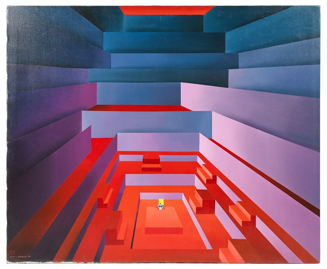 LARGE KURT LARISCH "BUREAUCRACY LII" PAINTING: LARISCH, Kurt, (Austrian/Mexican, 1913-2009): "Bureaucracy LII", Larisch's typical Small Humanoid Figure sitting at a Conference Table in a Larger Interior Room. Acrylic/Canvas, 40" x 49", signed lowe
