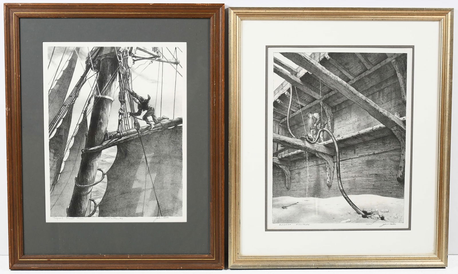 TWO JOHN NOBLE ETCHINGS: NOBLE, John Alexander Harrison, (American/French, 1913-1983): Two Etchings: 1) "Top Sail Sheet Hook, Mast Man, #4", sight size 18.25" x 14.5", pencil signed lower right, titled lower left, framed, 27.