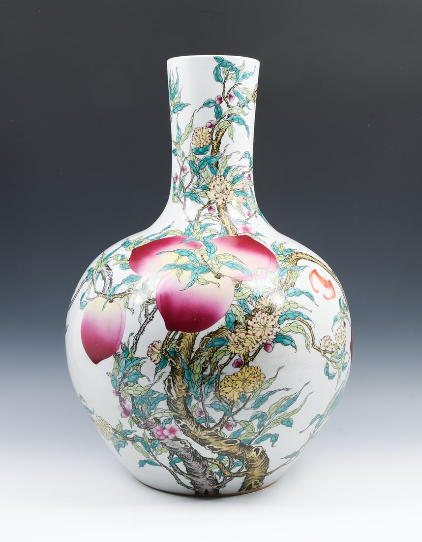 LARGE CHINESE FAMILLE ROSE PORCELAIN "NINE PEACH": LARGE CHINESE FAMILLE ROSE PORCELAIN "NINE PEACH" VASE: A finely enameled Famille Rose Porcelain Globular form vase, having the "Nine Peach" design with Bats and "Nine Peach Picture" in Script. Yongzh