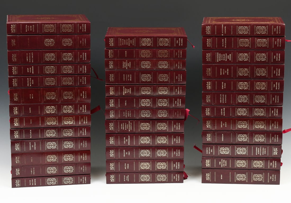 37 PC. HARVARD CLASSICS LEATHERBOUND BOOKS: 37 PC. HARVARD CLASSICS LEATHERBOUND BOOKS: A collection of 37 Red leather bound "The Harvard Classics", having Gold embossed accents. Comprising titles such as; Dana, Dante, Adam Smith, Plutarch, Mil