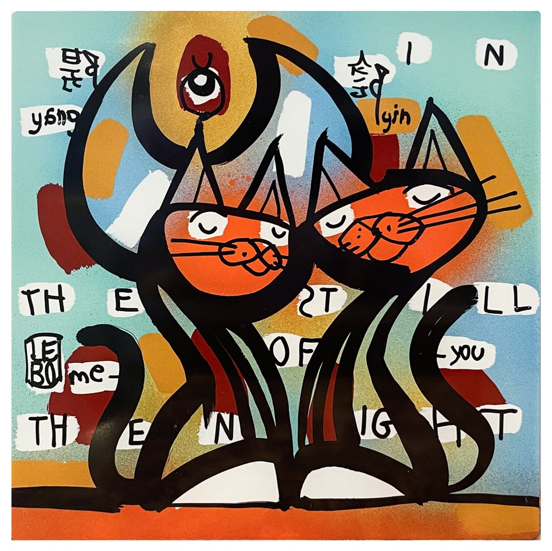 LEBO CATS AND MOON BRUSHED ALUMINUM ART BOND: LEBO, aka David Le Batard, (American, b. 1972): Two Cats under a Crescent Moon, Brushed Aluminum Art Bond, 10" x 10", signed lower left, unframed.