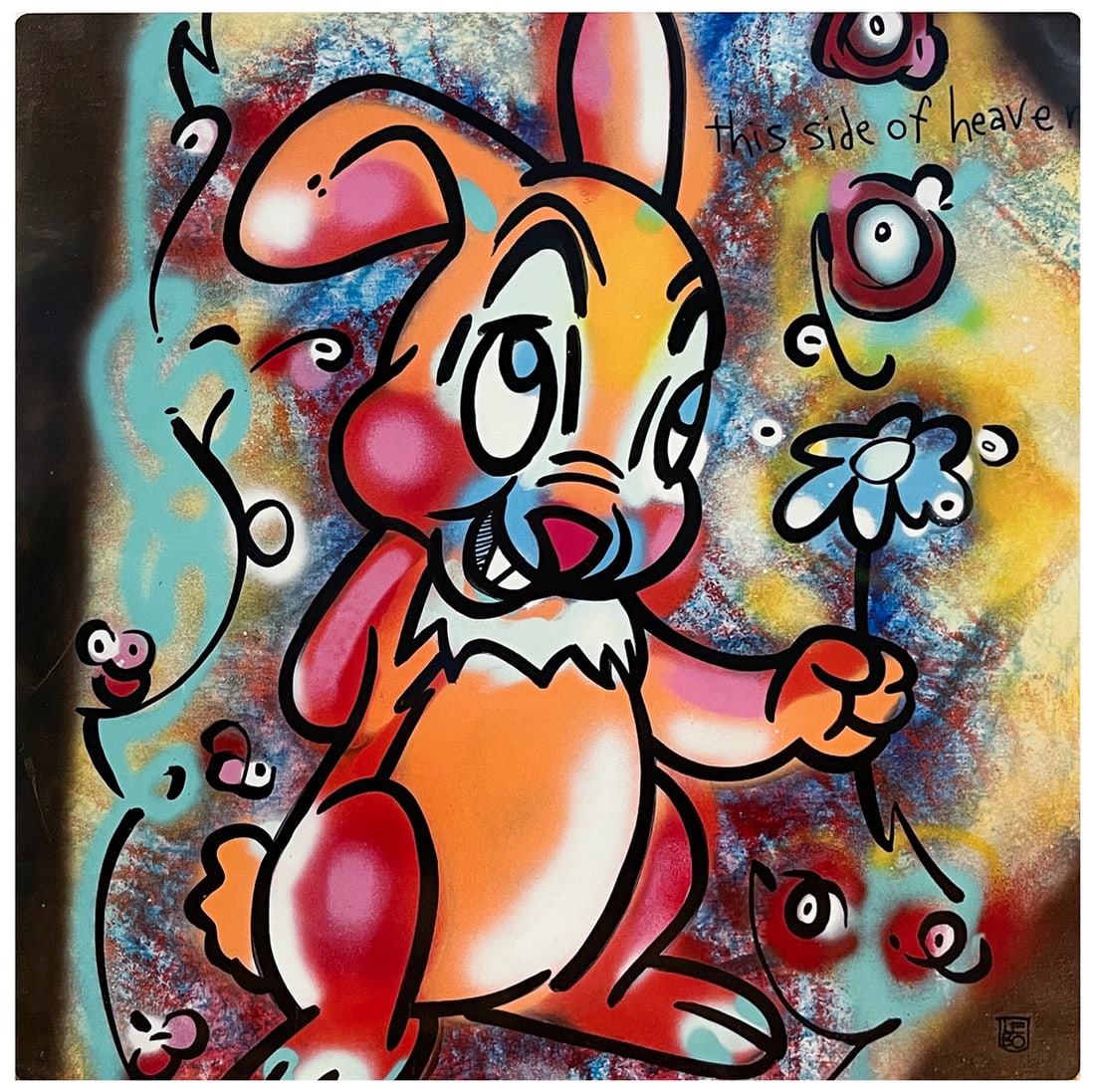 LEBO BRUSHED ALUMINUM ART BOND: LEBO, aka David Le Batard, (American, b. 1972): "This Side of Heaven", Rabbit Holding a Flower, Brushed Aluminum Art Bond, 10" x 10", signed lower right, unframed.