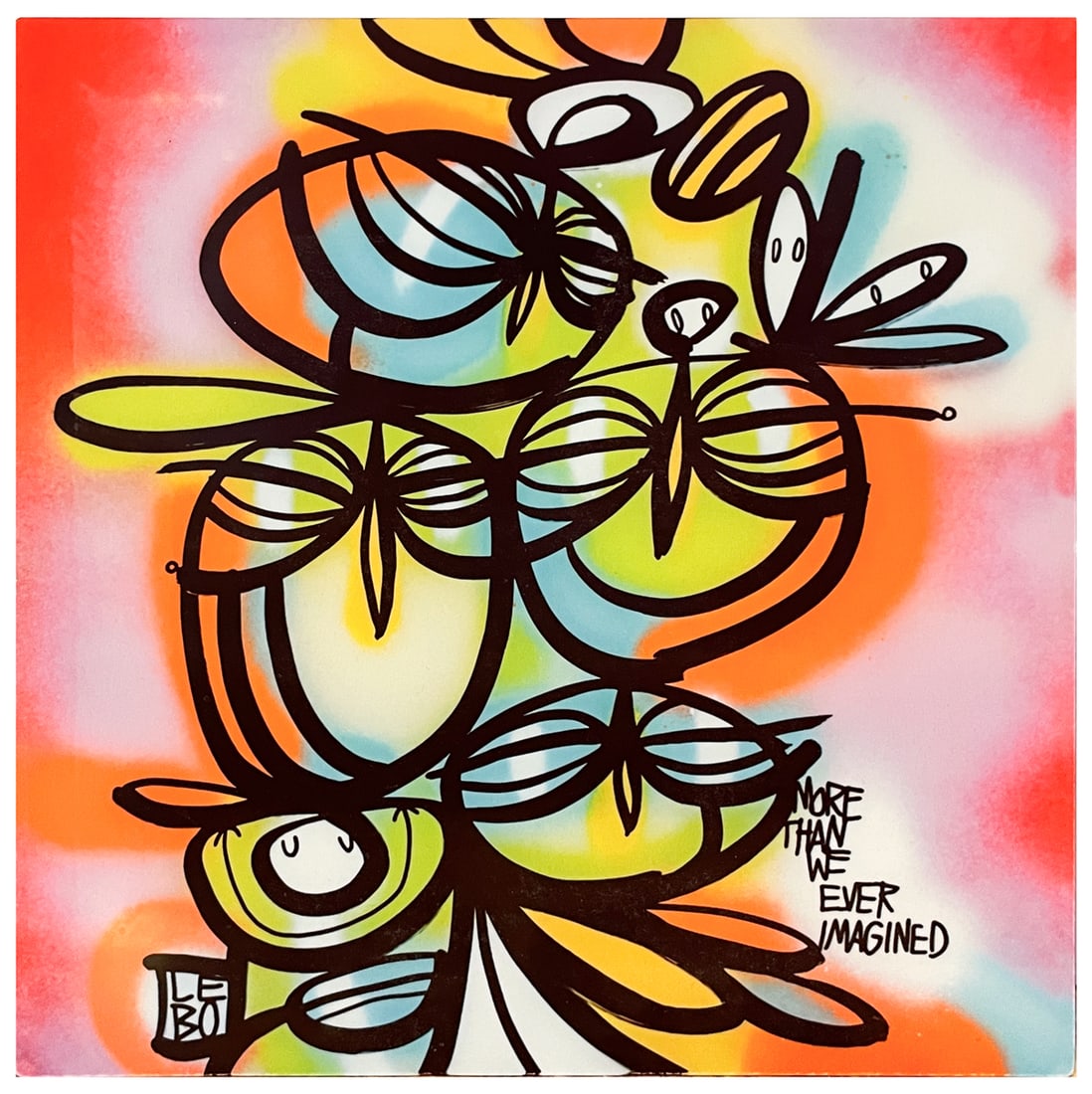 LEBO OWL PILE BRUSHED ALUMINUM ART BOND: LEBO, aka David Le Batard, (American, b. 1972): "More Than We Ever Imagined", Pile of Dozing Owls, Brushed Aluminum Art Bond, 10" x 10", signed lower left, unframed.