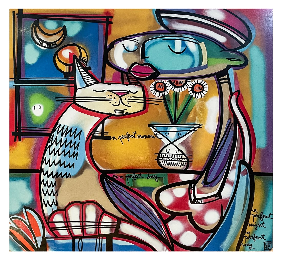 LEBO WOMAN & CAT BRUSHED ALUMINUM ART BOND: LEBO, aka David Le Batard, (American, b. 1972): Woman in an Interior with a Cat on her Lap, Brushed Aluminum Art Bond, 10" x 10", signed lower right, unframed.