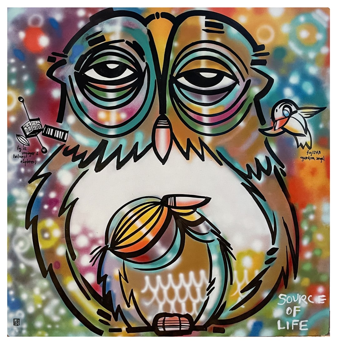 LEBO "SOURCE OF LIFE" BRUSHED ALUMINUM ART BOND: LEBO, aka David Le Batard, (American, b. 1972): "Source of Life", Tired Owl Parent with Happy Chick, Brushed Aluminum Art Bond, 10" x 10", signed lower left, unframed.