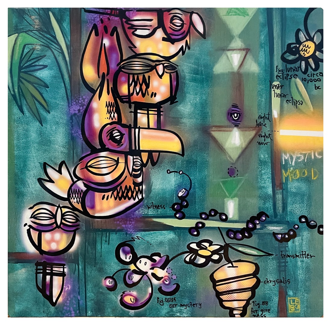 LEBO STACKED AVIANS BRUSHED ALUMINUM ART BOND: LEBO, aka David Le Batard, (American, b. 1972): A Stack of Owls and Other Birds in a Tree, Brushed Aluminum Art Bond, 10" x 10", signed lower right, unframed.