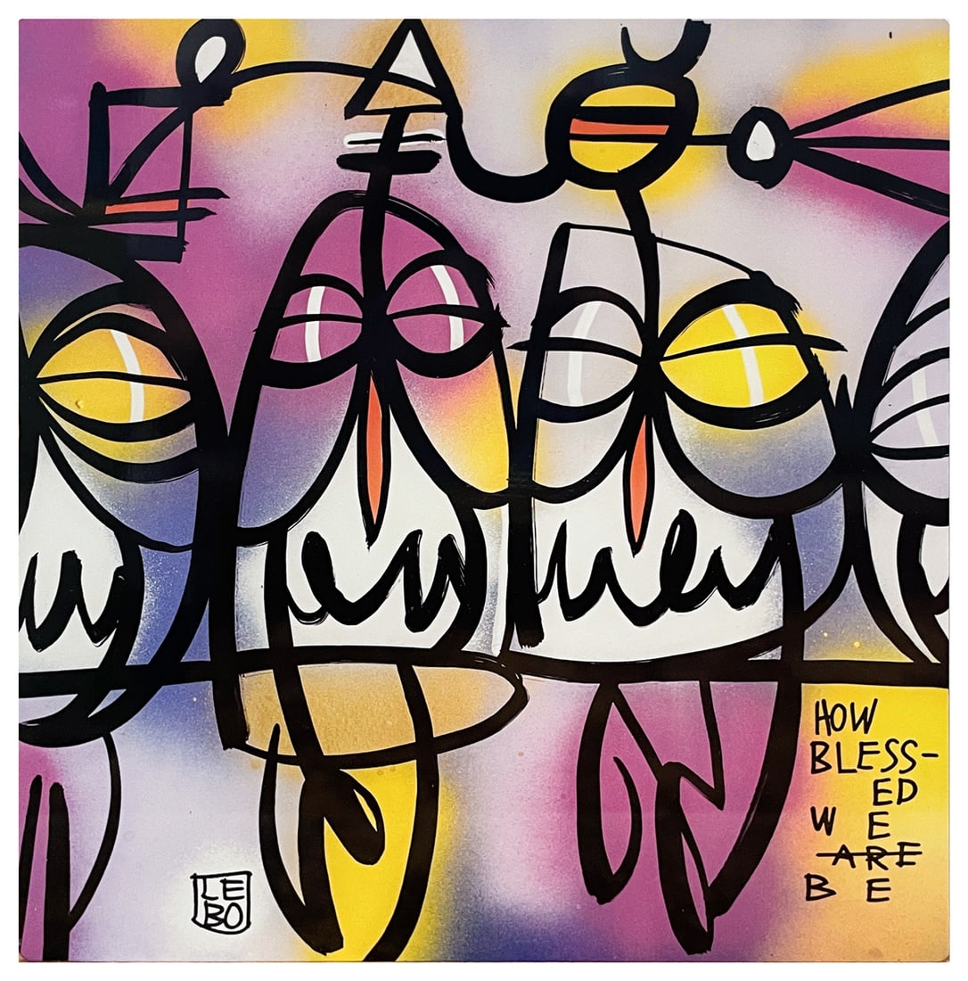 LEBO "HOW BLESSED WE BE" BRUSHED ALUMINUM ART BOND: LEBO, aka David Le Batard, (American, b. 1972): "How Blessed We Be", Row of Sleeping Owls, Brushed Aluminum Art Bond, 10" x 10", signed lower left, unframed.