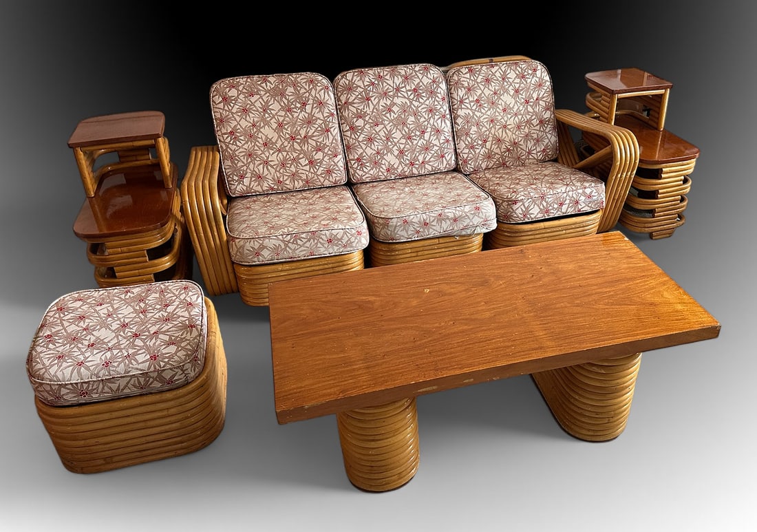 7PC. FRANKL STYLE RATTAN FURNITURE: 7PC. FRANKL STYLE RATTAN FURNITURE: To include: 3- Sectional chairs that can be combined into a couch, each measuring 31" (h) x 22" (w) x 30" (d); 2- End tables, each measuring 27.5" (h) x 26.75" (w)