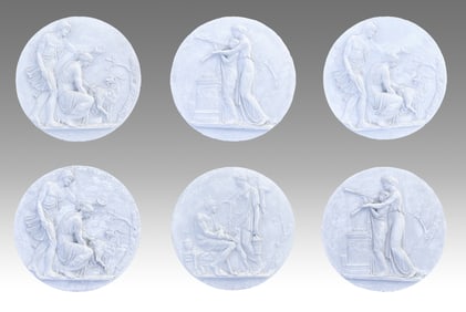 6 MOLDED PLASTER ROUND PLAQUES W/ CLASSICAL SCENES