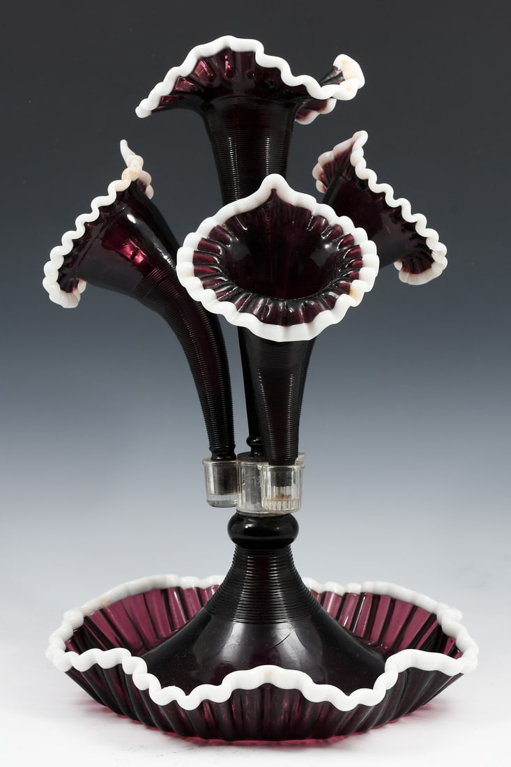 FENTON PURPLE ART GLASS EPERGNE: FENTON PURPLE ART GLASS EPERGNE: 1940s Fenton Glass Amethyst Epergne with 4 Ruffled Snow Crest Threaded Horns. Approx. 16.5" h x 11.5" dia.
