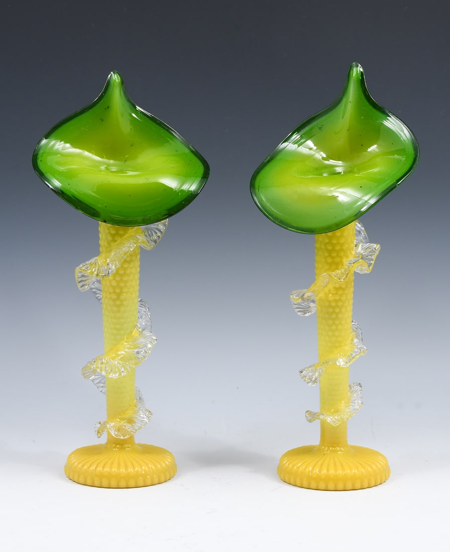 PAIR OF VICTORIAN ART GLASS JACK IN THE PULPIT VASES: PAIR OF VICTORIAN ART GLASS JACK IN THE PULPIT VASES: Cased green and yellow glass with applied decoration. Hob nail body, ribbed base, ground pontil. Approx. 12.5" h x 5.25" w x 3.5" d.