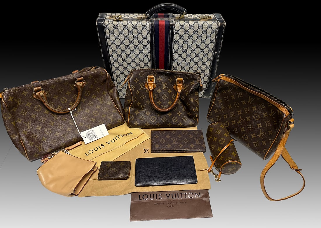 9 PC LOT OF LOUIS VUITTON & GUCCI ATTACHE CASE: 9 PC LOT OF LOUIS VUITTON BAGS OCCAISIONAL ITEMS AND GUCCI ATTACHE CASE: Items signed as shown. One bag with Tucky zipper closure. Lot includes 3 Ladies Bags, Credit Card Holder, Checkbook cover, eyeg