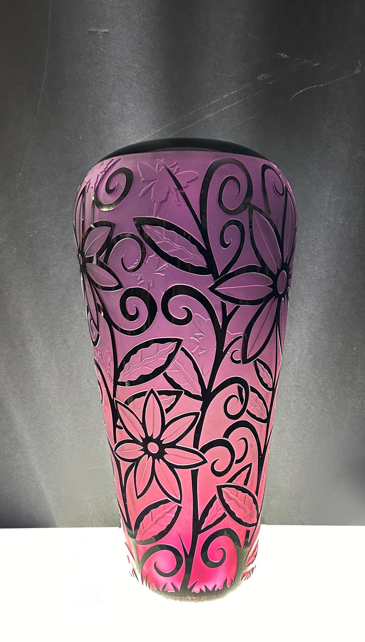 SIGNED DUNCAN MCCLELLAN VINE VASE: SIGNED DUNCAN MCCLELLAN VINES VASE: Tall Duncan McClellan vase with black Vines with Flowers and grass motif base. Cameo Insect & foliate motif. Etched signature at the underside. Approx. 16.5" h x 8"