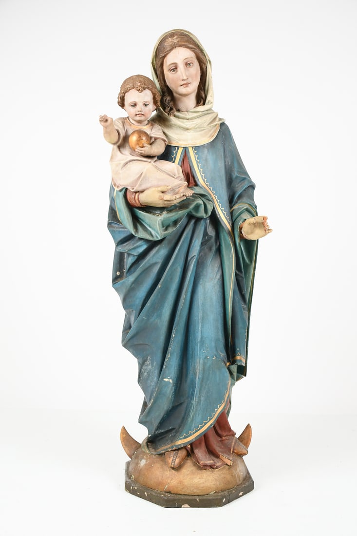 LARGE EARLY POLYCHROMED AND CARVED MADONNA: LARGE EARLY POLYCHROMED AND CARVED MADONNA AND CHRIST: Approximately 41" in height.