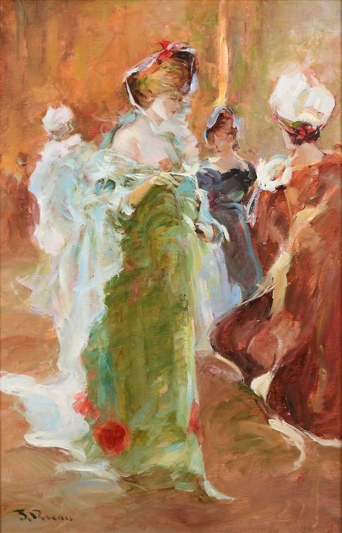 JACQUES DEVEAU IMPRESSIONIST BALLROOM SCENE PAINTING: DEVEAU, Jacques, (French, b. 1937): Ballroom Scene, Oil/Canvas, 36” x 24”, signed lower left, framed, 41.5” x 29.5”.