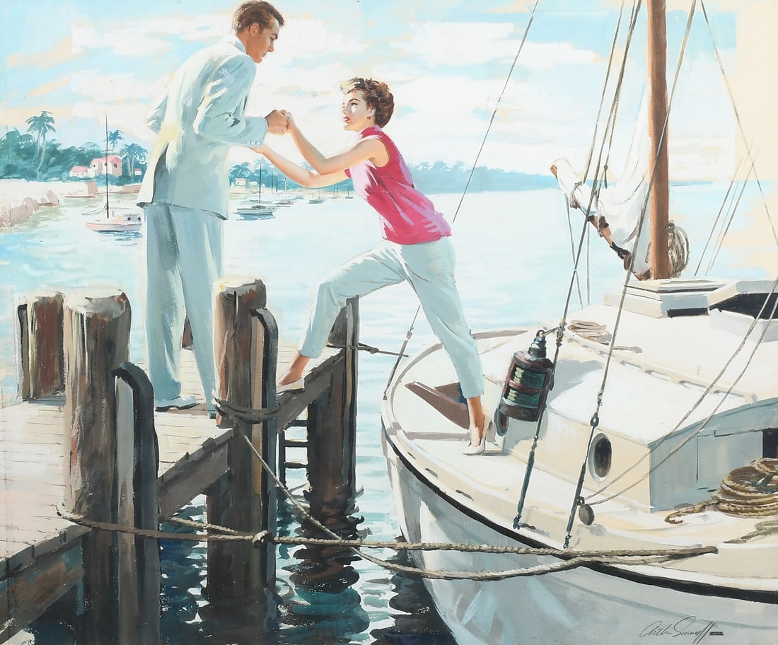 ARTHUR SARNOFF BOATING ILLUSTRATION PAINTING: SARNOFF, Arthur, (American, 1919-2000): Illustration with Man Helping a Woman off a Sailboat in a Tropical Setting, Watercolor and Gouache, sight size 19" x 23", signed lower right, framed, 27" x 31".
