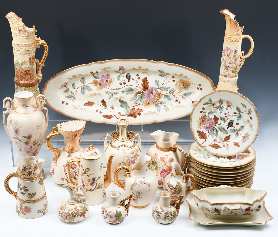 27 PC. ROYAL WORCESTER & NIPPON VASES, & EWERS: 27 PC. ROYAL WORCESTER & NIPPON VASES & EWERS: A collection of assorted Royal Worcester and Nippon pieces of varying similar patterns. Comprising: 12- Plates; 1- Large serving platter; 1- Gravy boat w