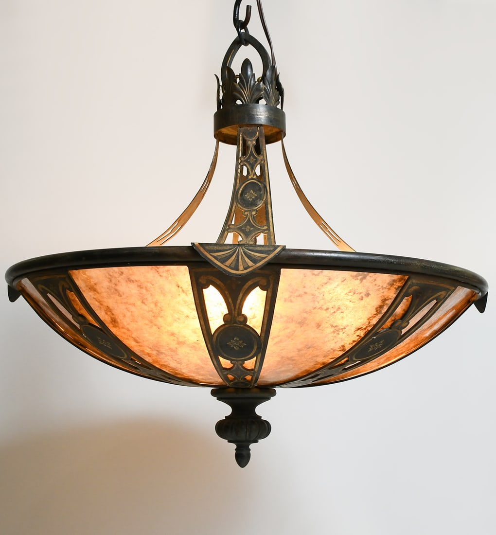 "VILLA 1919" HAND-CRAFTED 3- LIGHT MICA CHANDELIER: "VILLA 1919" HAND-CRAFTED 3- LIGHT MICA SHADE CHANDELIER: 3- Light Fine Arts chandelier from the "Villa 1919" collection. Having hand-wrought & patinated iron with mica shades that evoke the enduring 