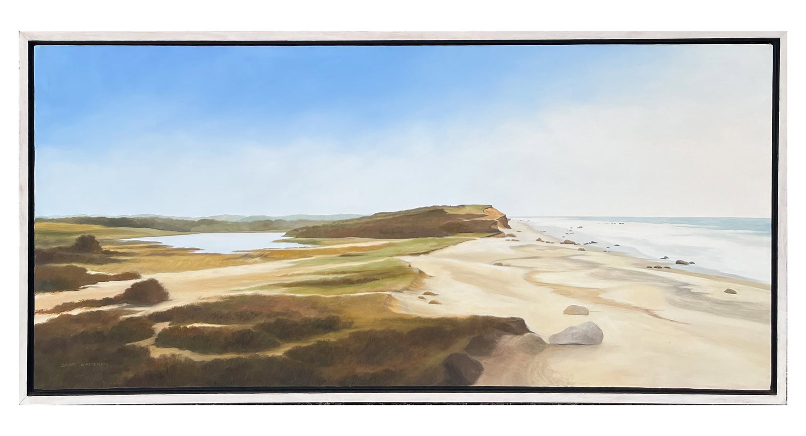 SCOTT CAMERON PANORAMIC CAPE COD PAINTING: CAMERON, Scott, (American, b. 1946): “Chilmark Head”, Oil/Canvas, 18” x 38”, signed lower left, Granary Gallery label from Martha’s Vineyard affixed verso, also signed and titled