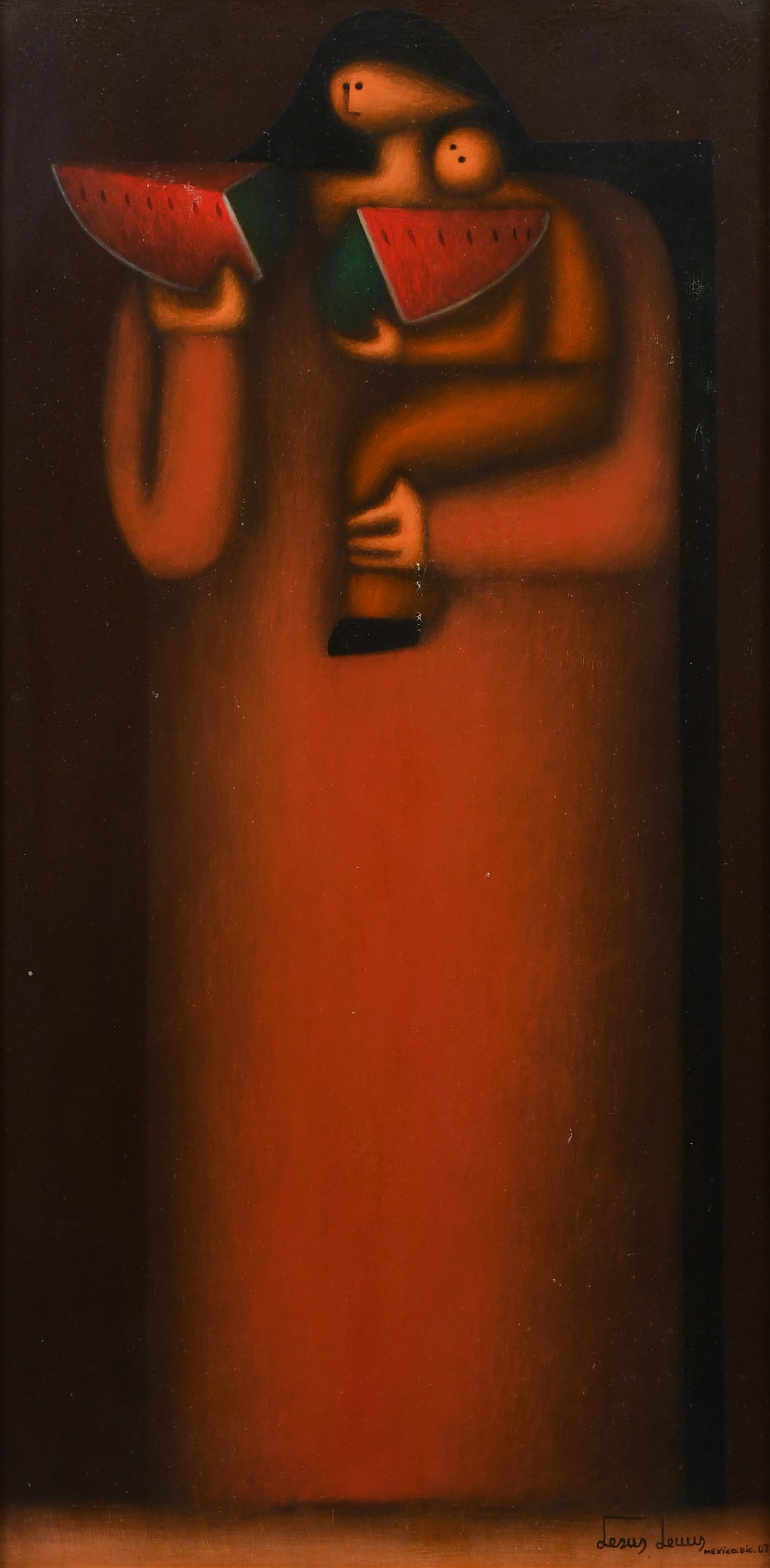 JESUS LEUUS FATHER WITH CHILD AND WATERMELON PTG.: LEUUS, Jesus, (American/Mexican, b. 1948): Father with Child and Watermelon, Oil/Masonite, 26.25" x 13.25", signed lower right, inscribed "Mexico", dated '67, original frame, 30.5" x 17.5".