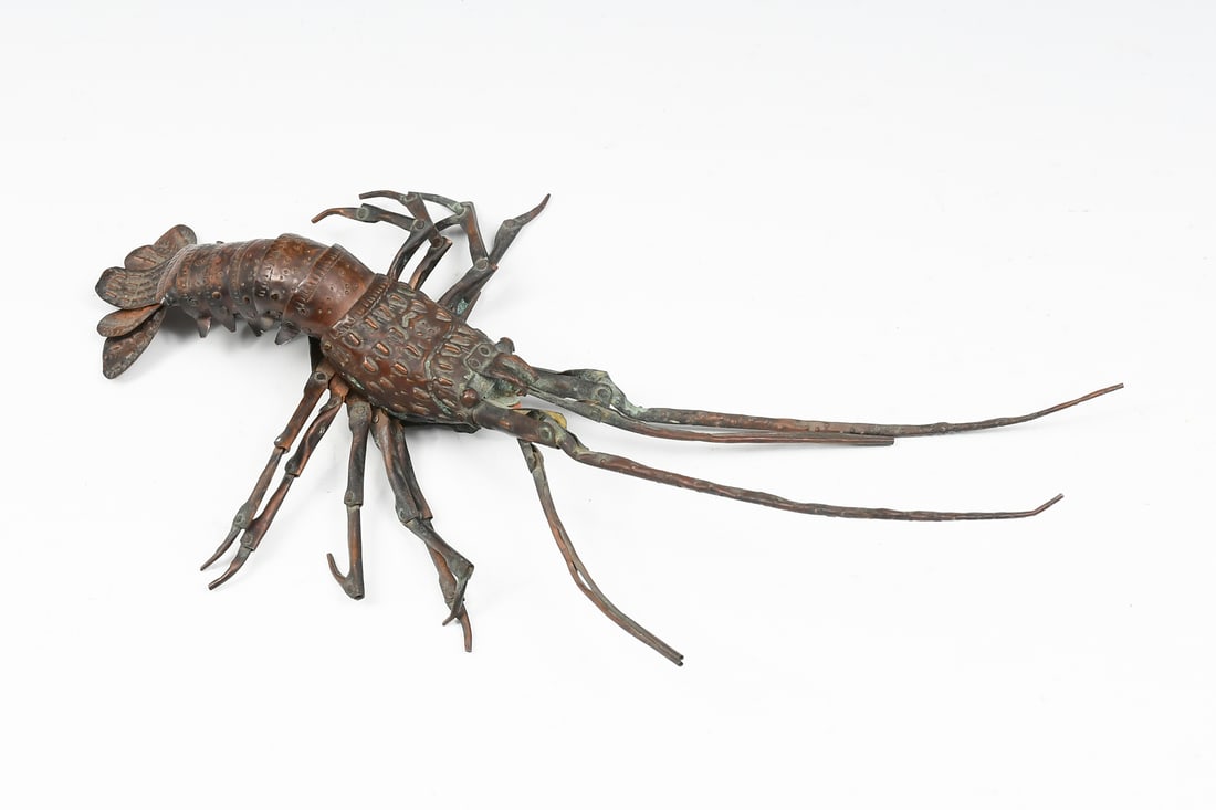 COPPER MEIJI PERIOD JAPANESE ARTICULATED SHRIMP: COPPER MEIJI PERIOD JAPANESE ARTICULATED SHRIMP: early 20th century, shrimp with articulated legs and body, cast with realistic style shell, incised with two-character signature to underside of body. 
