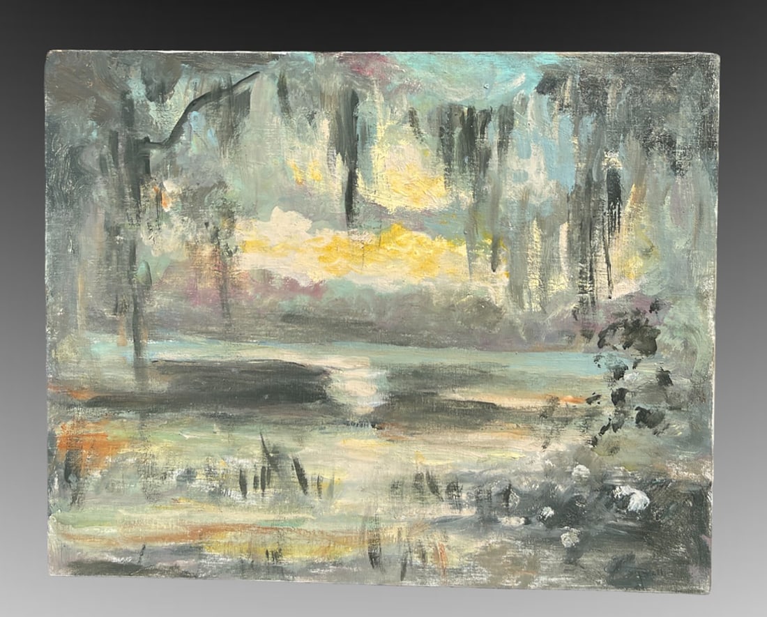 CATHERINE STOCKWELL FLORIDA SWAMP SUNRISE PAINTING: STOCKWELL, Catherine Haynes, (American, 1895-1983): Florida Sunrise on the Swamp, Oil/Canvasboard, 16" x 20", signed lower right, unframed.