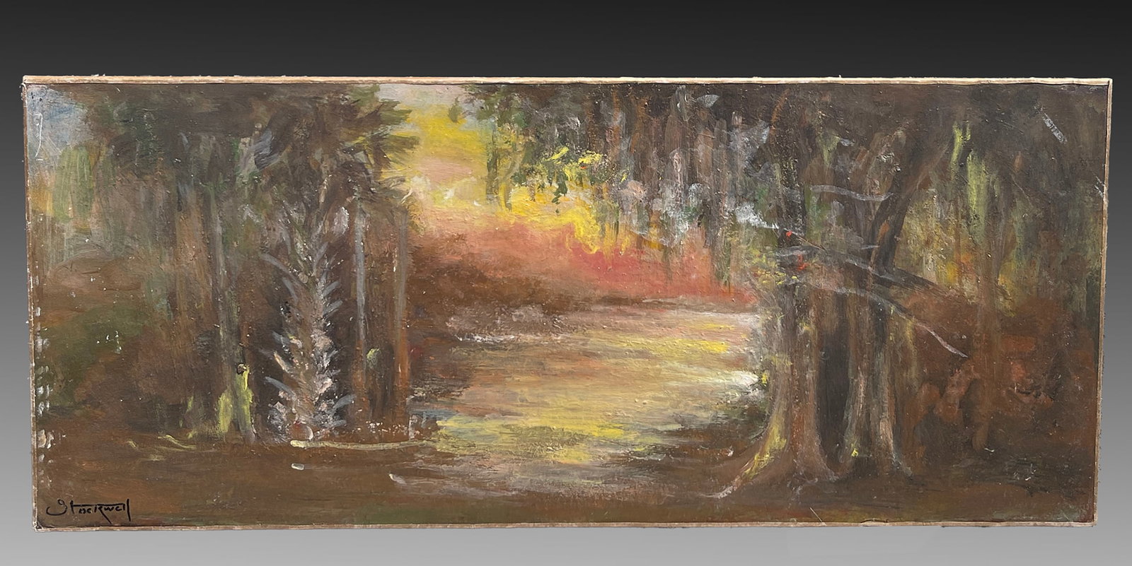 CATHERINE STOCKWELL PANORAMIC SUNSET SWAMP: PAINTING STOCKWELL, Catherine Haynes, (American, 1895-1983): Florida Swamp at Sunset, Oil/Board, 10.5" x 25", signed lower left, unframed.