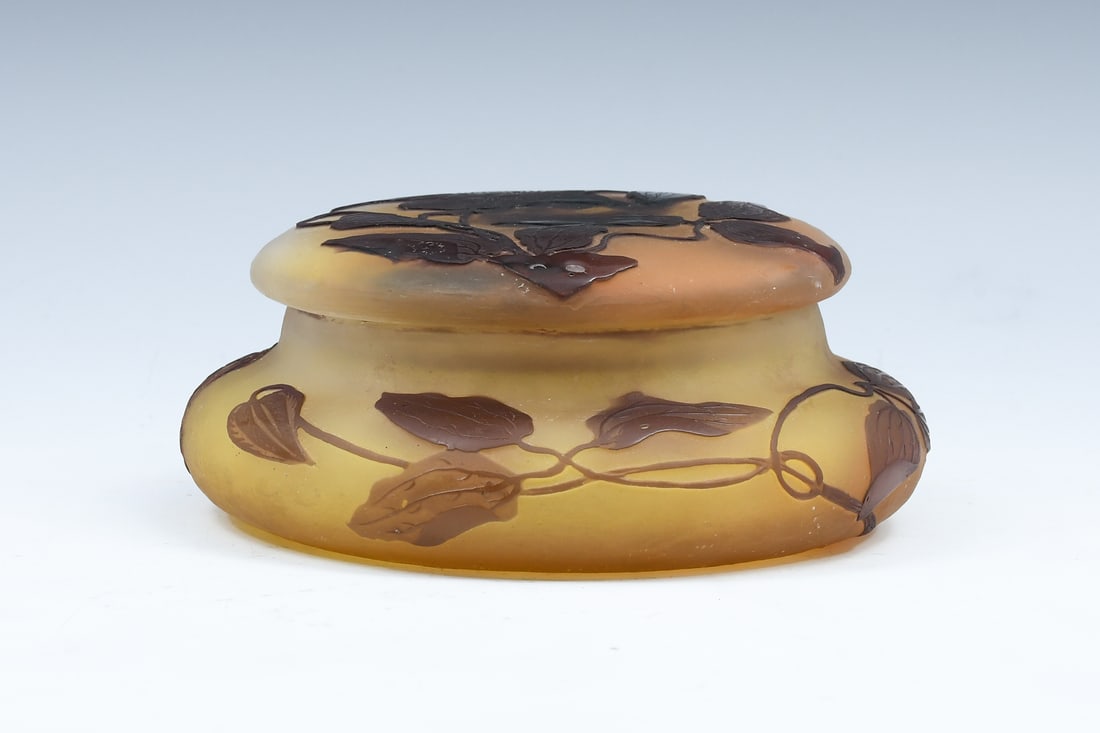 GALLE STYLE CAMEO GLASS DRESSER JAR: GALLE STYLE CAMEO GLASS DRESSER JAR: Unsigned French art glass Dresser Jar, having an overall Floral motif. Signed Galle at shoulder. Approx. 2.75" h x 6.625" dia.