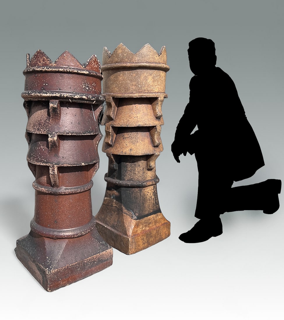 2 PC. ARCHITECTURAL EUROPEAN CHIMNEY POTS: 2 PC. ARCHITECTURAL EUROPEAN CHIMNEY POTS: These tall chess piece-like chimney pots will fit comfortably into any garden or patio setup. First measures 39” in height and 13.5” in diameter,