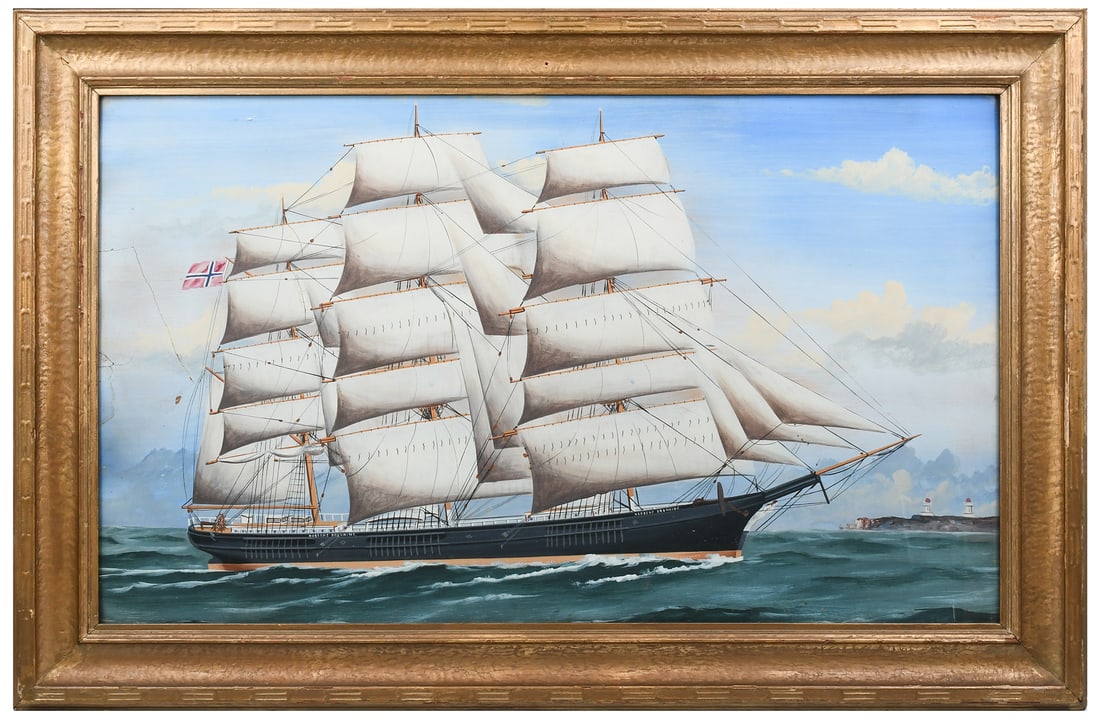 EARLY 20TH CENTURY CLIPPER SHIP PORTRAIT PAINTING: EARLY 20TH CENTURY CLIPPER SHIP PORTRAIT PAINTING: Nordens Dronning, Gouache, sight size 18.5” x 31.5”, Impressionist overpainted frame, 24.75” x 39”.