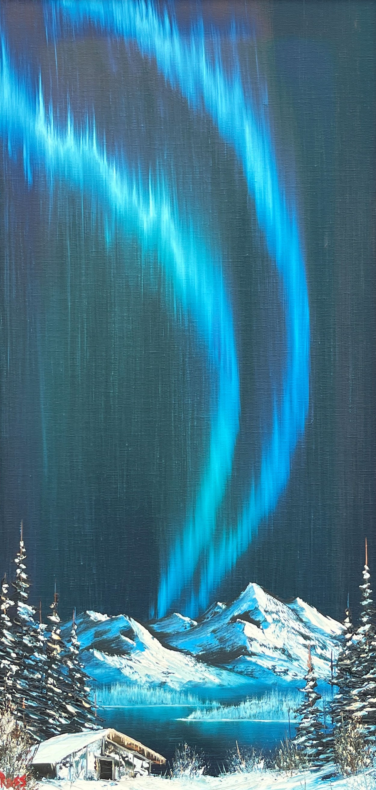 BOB ROSS PAINTING NORTHERN LIGHTS: ROSS, Bob, (American, 1942-1995): Northern Lights in Alaska, with Snow Capped Mountains, and Icy Lake, and a Snow Covered Cabin in the Foreground, Oil/Canvas, 24" x 12", signed lower left and dated '8