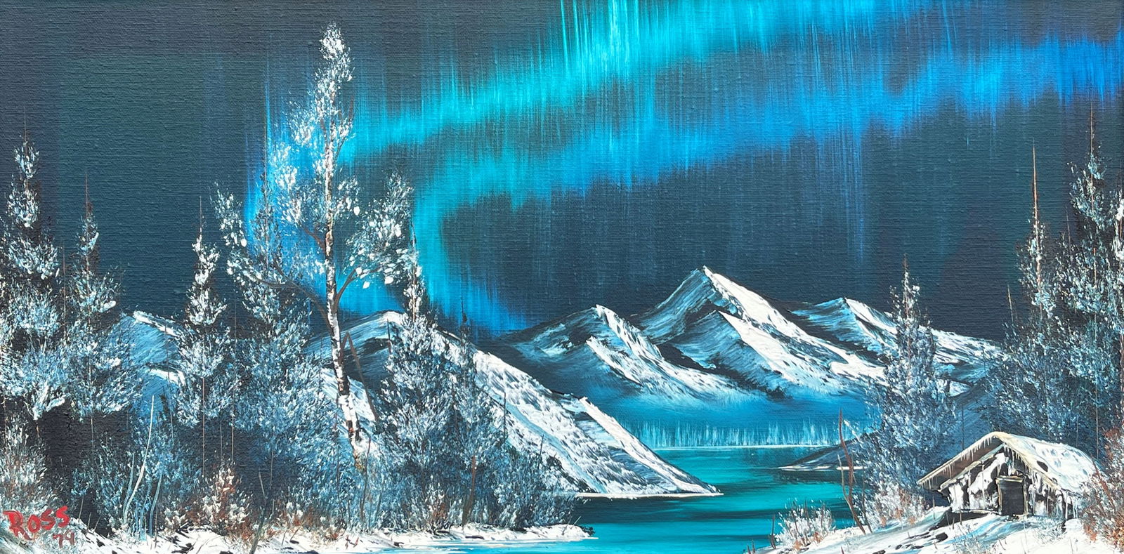 BOB ROSS PAINTING ALASKAN NORTHERN LIGHTS: ROSS, Bob, (American, 1942-1995): Northern Lights in Alaska, with Snow Capped Mountains, and Icy Lake, and a Snow Covered Cabin in the Foreground, Oil/Canvas, 12" x 24", signed lower left and dated '7