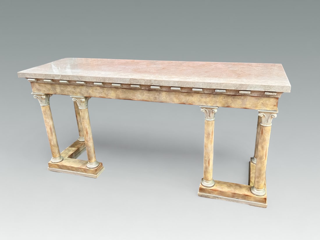 MAITLAND SMITH TESSELATED MARBLE CONSOLE TABLE: MAITLAND SMITH TESSELATED MARBLE CONSOLE TABLE: Raised on Corinthian column legs on "L" shaped slat feet. Approx. 36.25" h x 76" w x 23.75" d.