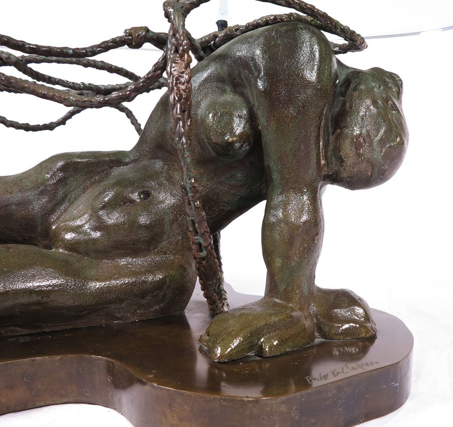 PHILIP & KELVIN LaVERNE PERSEPHONE BRONZE TABLE: PERSEPHONE ENSLAVED COFFEE TABLE BY PHILIP AND KELVIN LAVERNE: Sculptural bronze table cast in the lost wax process with an asymmetrical crystal glass top by the father and son team, Philip and Kelvin