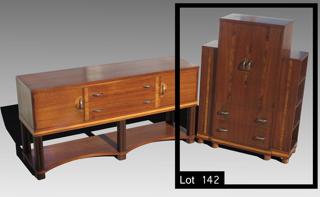 PAUL FRANKL - JOHNSON SIDE CABINET: PAUL FRANKL / JOHNSON SKYSCRAPER SIDE CABINET: Attributed to Paul Frankl, by Johnson Handley Johnson. Mahogany with burl accents, 2 doors over 2 drawers with outward facing side shelves. Measures 55 1
