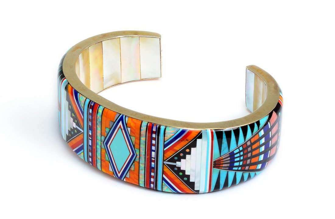 251 14K GOLD NATIVE AMERICAN INLAY BRACELET signed RRG Nov 18, 2012
