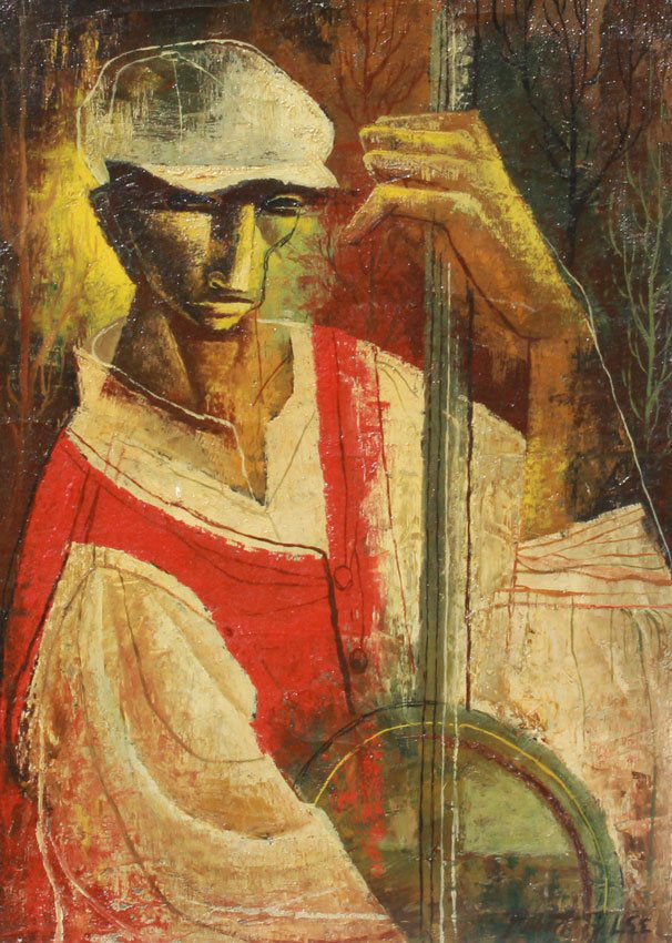 ROBERT LEE NEGRO BANJO MAN PAINTING: LEE, Robert J., (American, 1921-1994): "Man with Banjo", Oil/Canvas, 16" x 12", signed lower right, also titled verso, encased in period barnwood distressed frame 22 1/2" x 18 1/2".