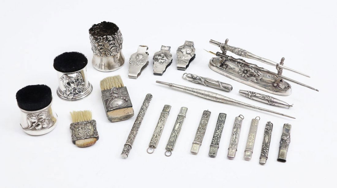 COLLECTION OF ART NOUVEAU STERLING DESK ITEMS: COLLECTION OF ART NOUVEAU STERLING DESK ITEMS: 23 pieces total to include 1) 8 pencil / nail file cases, floral and figural. One missing top and insert. 2) 3 pen wipes, to include Woodside, Simons Bro