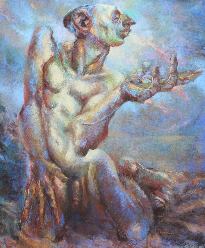 DAVID ANDERSON PASTEL GROTESQUE PLEADING NUDE MAN: ANDERSON, David, (American, 20th Century): Grotesque Nude Kneeling Pleading Man, Pastel, Sight size 24" x 20 1/4", signed upper left, dated '79, unframed.