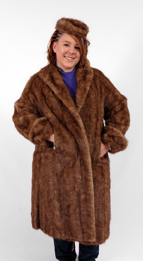 CA 1956 CUSTOM MINK COAT AND HAT: CA 1956 CUSTOM MINK COAT AND HAT: Larger size full length mink coat. Full body swing style with collar and lapel. Measures approx. 45" l. overall, 20"shoulder to shoulder and 21" shoulder to cuff. Con