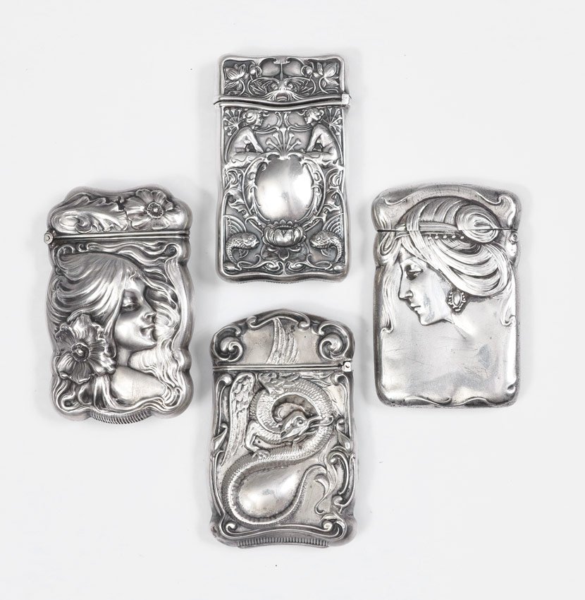 4 ART NOUVEAU STERLING MATCH SAFES: 4 ART NOUVEAU STERLING MATCH SAFES: 4 pieces to include 1) Gorham 2 nude women sitting above 2 fish. 2) Blackington maiden looking down. 3) Illegible woman with flower in hair, engraved ABC Double Scu