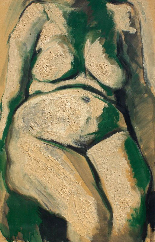 ILLEGIBLY SIGNED ABSTRACT NUDE PAINTING: ILLEGIBLY SIGNED MODERNIST FEMALE NUDE: In the style of De Kooning, Oil and Watercolor/Board, sight size 43 1/2" x 27 1/2", illegibly signed lower right, encased in gold leaf frame with wear 45" x 29
