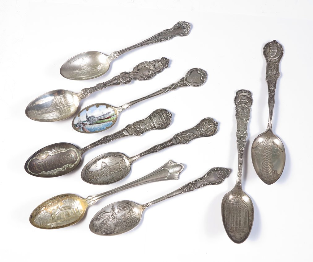 COLLECTION OF STERLING SOUVENIR SPOONS: COLLECTION OF STERLING SOUVENIR SPOONS: To include 1) Masonic Temple, Chicago. 2) Cincinnati Ohio Suspension Bridge. 3) Festival Hall & Cascade Gardens, St. Louis, 1904. 4) State Capitol, Columbus Ohi