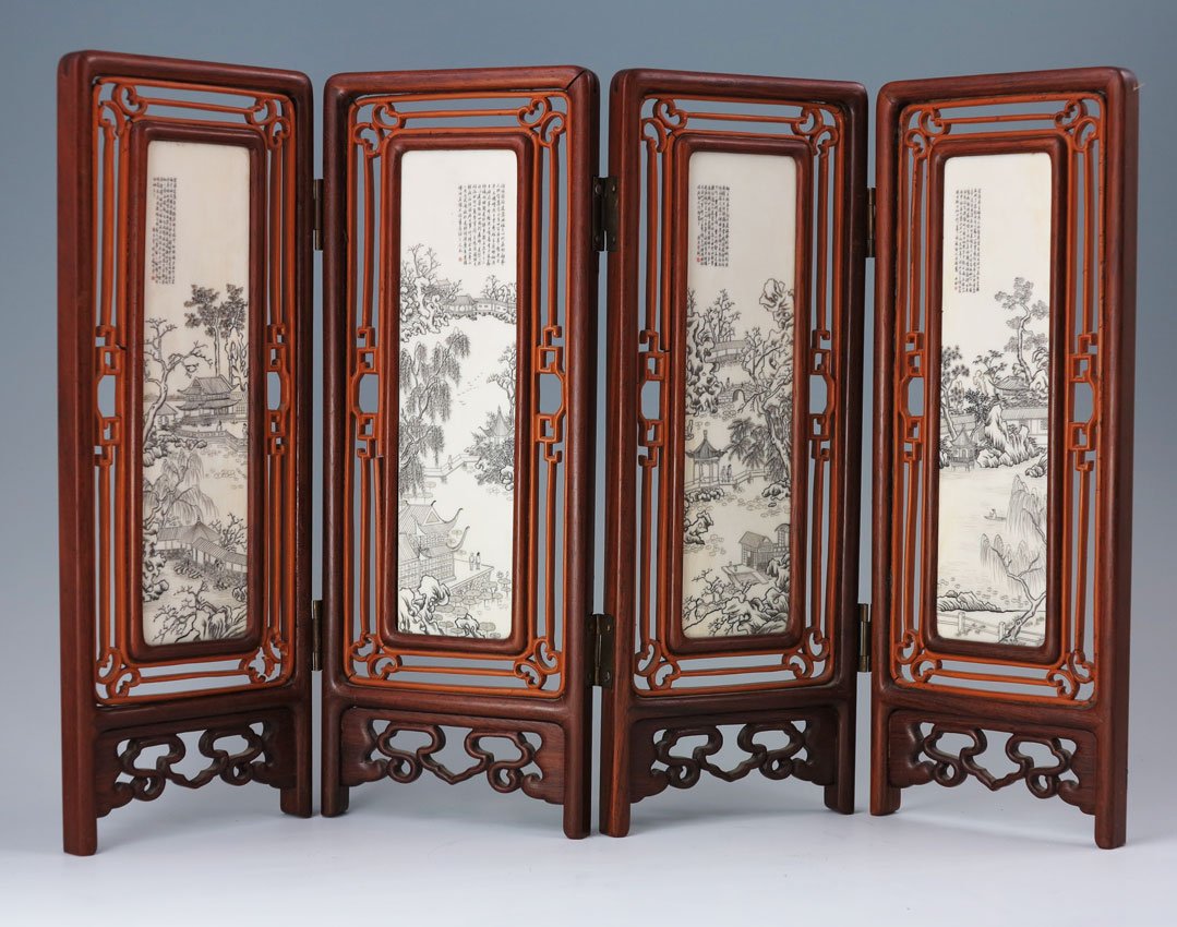 CHINESE SCRIMSHAW IVORY TABLE SCREEN: CHINESE SCRIMSHAW IVORY TABLE SCREEN: 4 panel screen with ivory panels with outdoor genre scenes and writing, framed in carved light wood, with outer rosewood stands. Each panel 10" h. x 3 3/4".